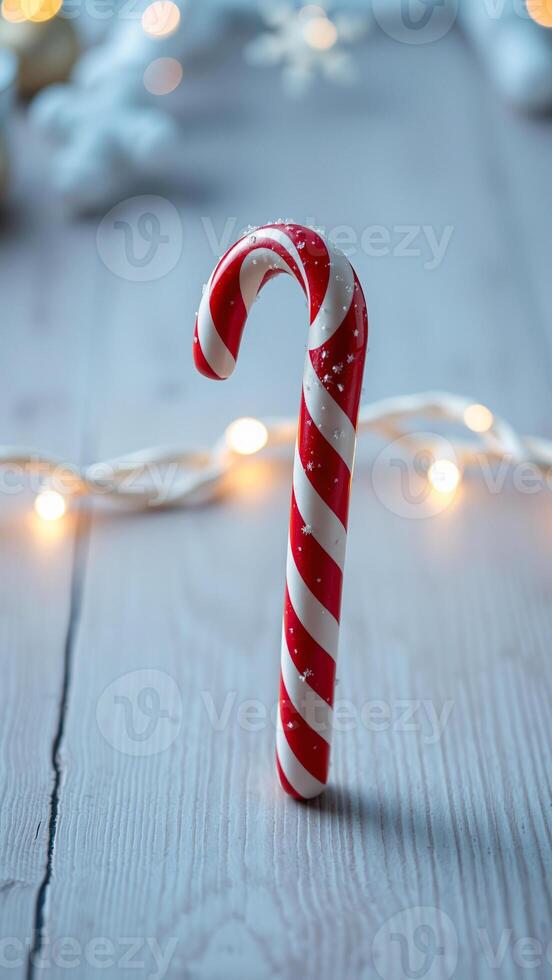 candy cane resting on a white wooden surface with festive decorations photo