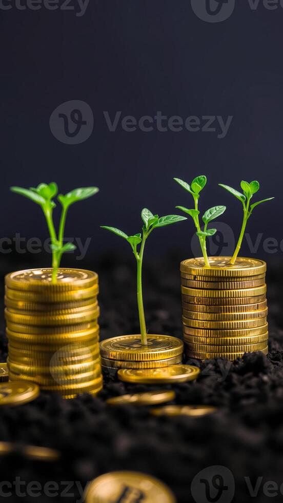 three green plants grow from stacks gold coins photo