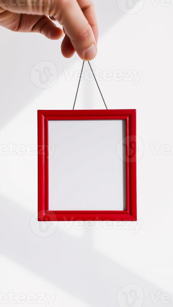 hand holding a red frame with a white space photo