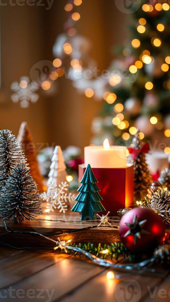 miniature trees ornaments create a festive tabletop scene photo