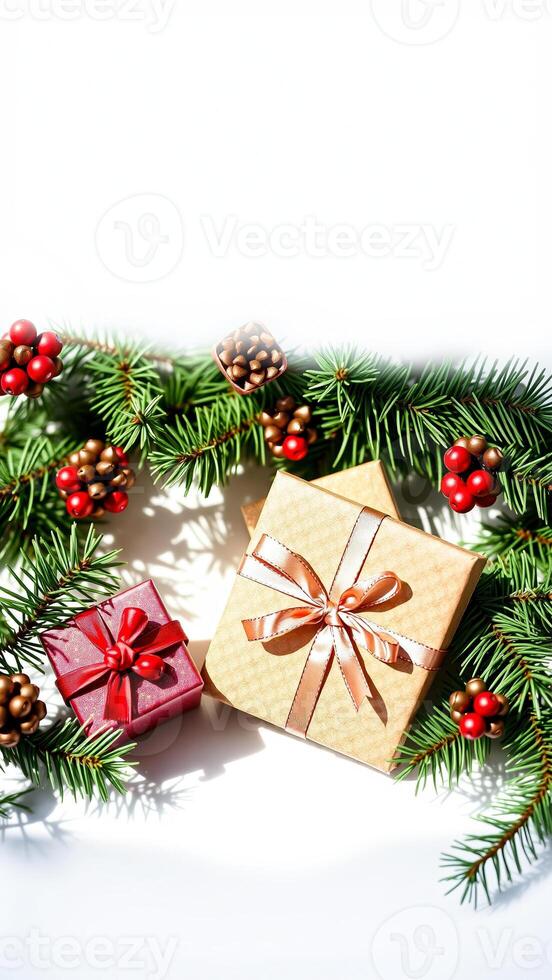 two wrapped gifts resting on evergreen branches berries photo