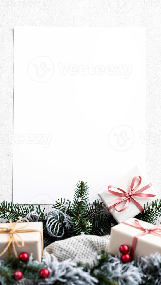 white card with evergreen branches red ornaments wrapped gifts photo