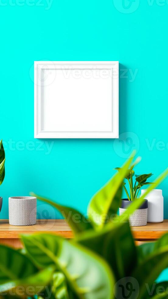 white frame on turquoise wall with planters photo