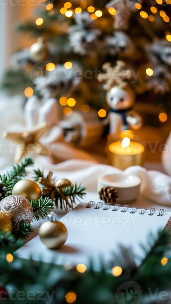 open notebook on a table with christmas decorations photo