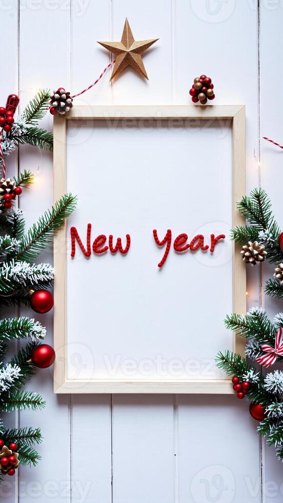 festive new year frame with evergreen branches ornaments photo