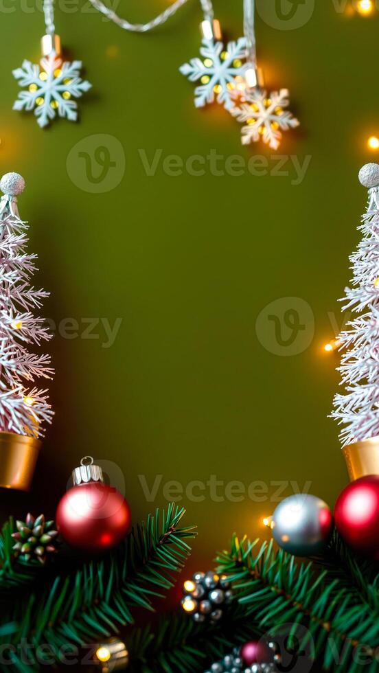 festive arrangement miniature christmas trees ornaments snowflakes photo