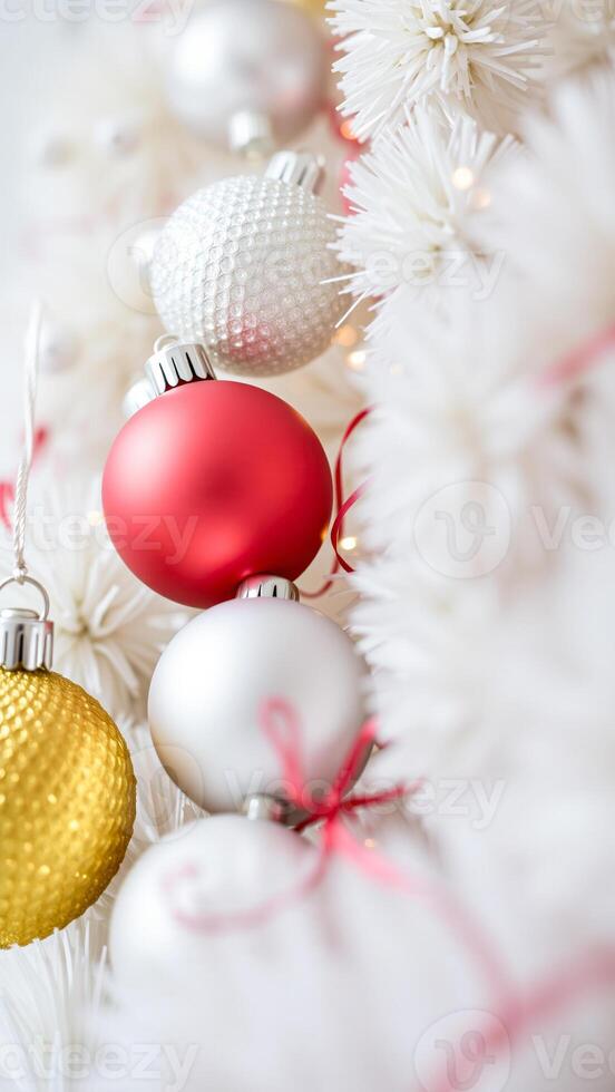 red gold silver ornaments hanging on a white decorative tree photo