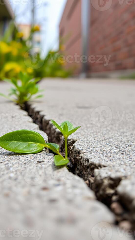 green plant pushes through a concrete crack photo