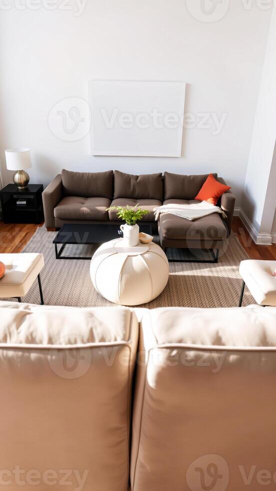 bright stylish living room with a sectional sofa white ottomans photo