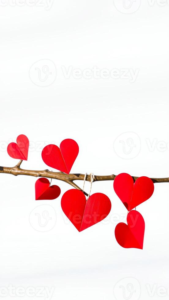red paper hearts hanging on a branch photo