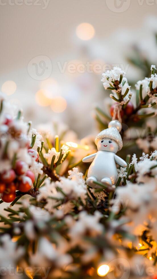 smiling snowman figurine adorns a snowy evergreen branch photo