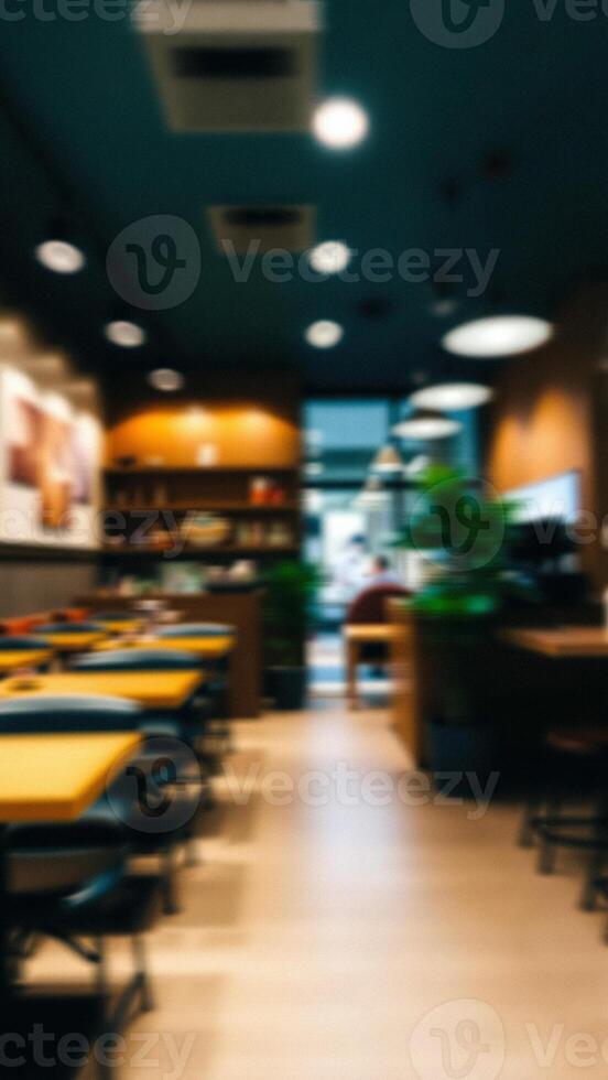 blurred view a dining area with yellow tables black chairs photo