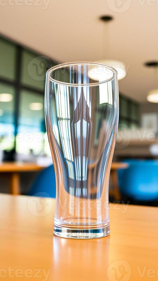 clear glass awaits a drink on a wooden table photo