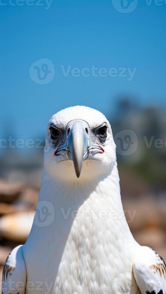 white bird with dark eyes stares directly at the camera photo