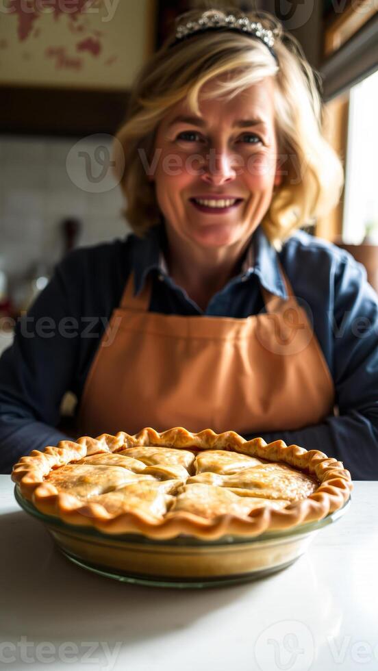 golden-brown pie with a flaky crust awaits on the counter ready be enjoyed. photo