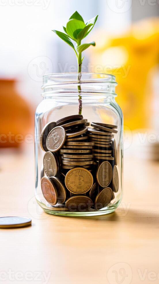small green plant sprouts from a jar coins photo