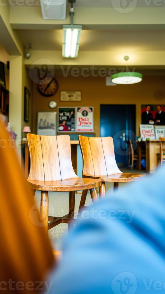 two wooden chairs an empty waiting area photo