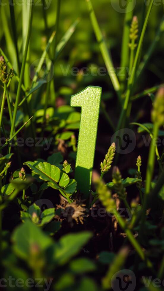green number one surrounded by foliage photo