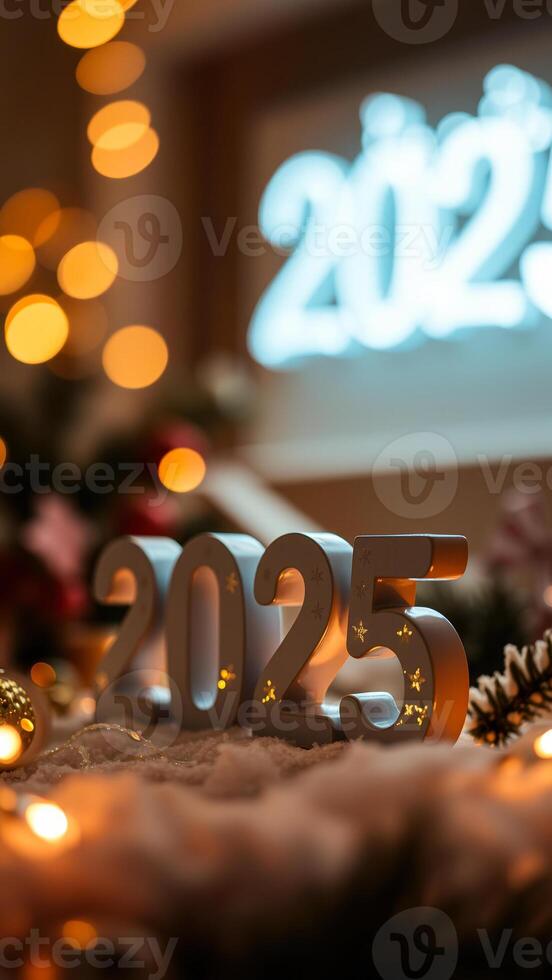 illuminated 2025 numbers on a white surface photo