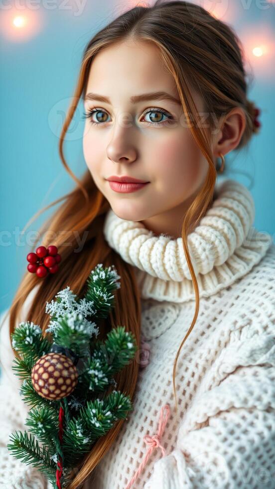 young woman with a smile holds a snowy evergreen branch. photo