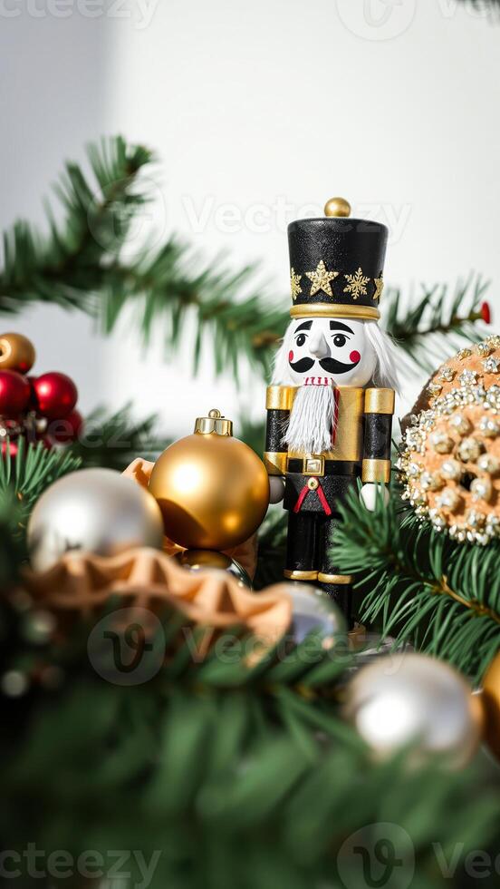 black gold nutcracker stands amongst christmas decorations photo