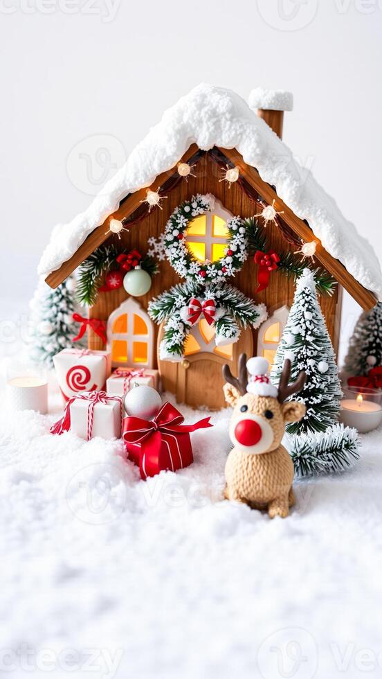 miniature winter wonderland with a cozy wooden house photo