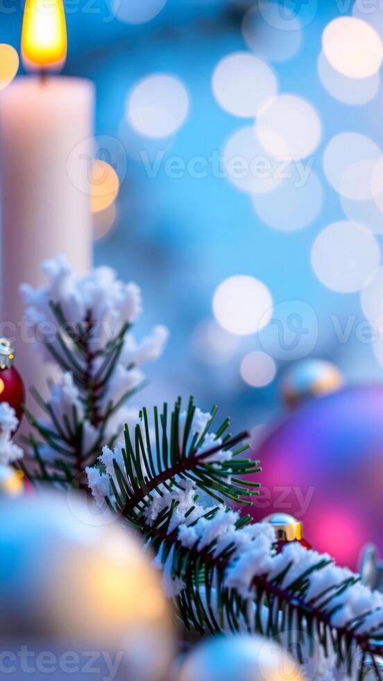 snowy pine branch glowing with festive lights photo