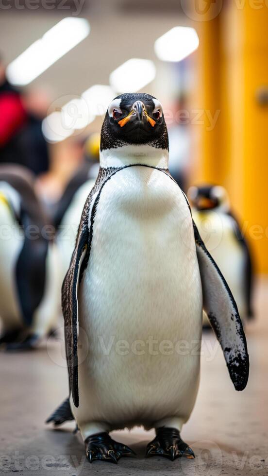 penguin with bright eyes stands gazes directly at the camera photo