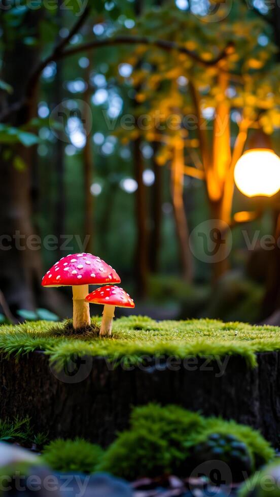 two red white mushrooms on a mossy log a forest photo