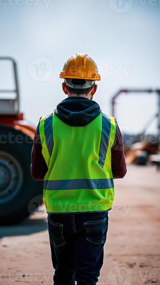 worker a yellow hard hat safety vest walks on a construction site photo
