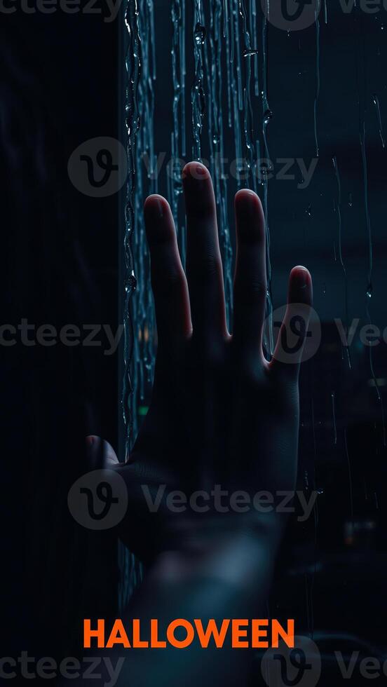 hand reaches through a wet window pane with the word 'halloween' visible photo