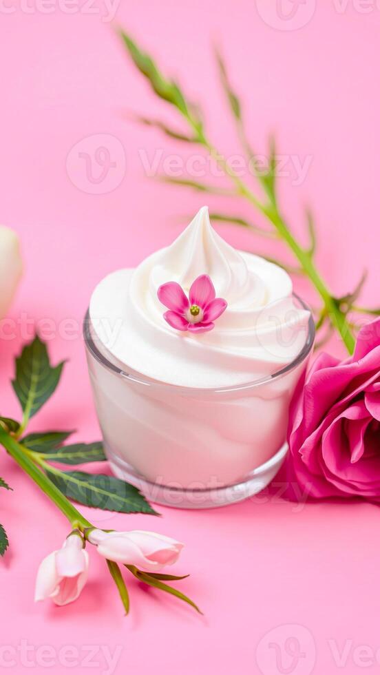 jar white cream with pink flower leaves on a pink background photo