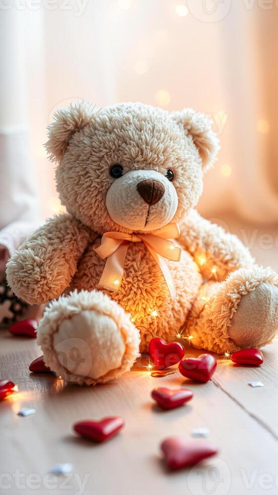 plush teddy bear surrounded by hearts string lights photo