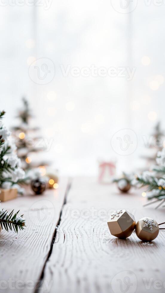 two gold ornaments with snowflake designs on a rustic whitewashed wood surface photo