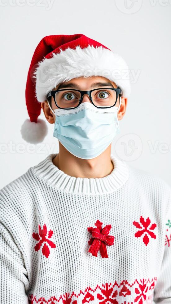 young man wearing a santa hat face mask during the holidays photo