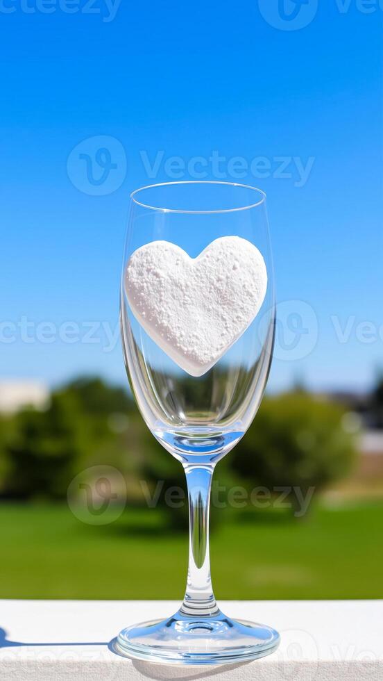 clear wine glass holds a white heart against a blue sky photo