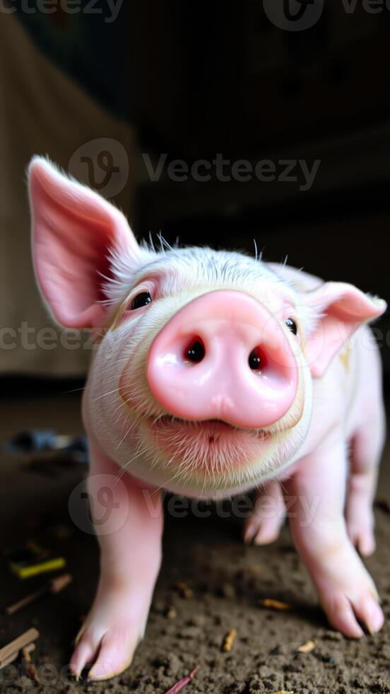 curious pink piglet looking at the camera photo