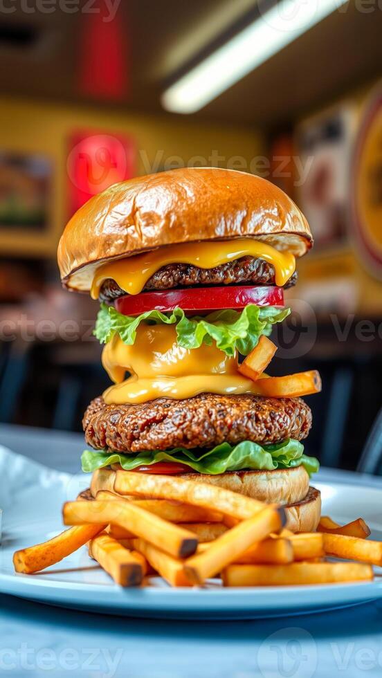 double-decker burger with melted cheese crispy fries photo