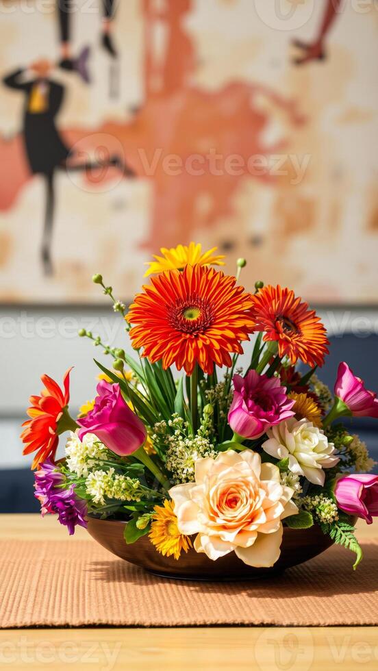 colorful flower arrangement a wooden bowl photo