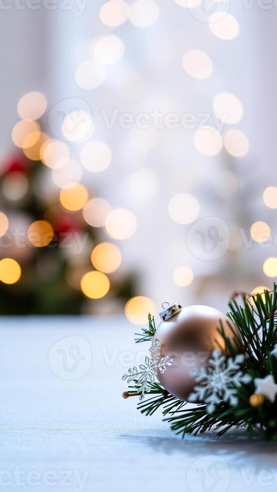 frosted ornament snowflake rest on a pine branch photo