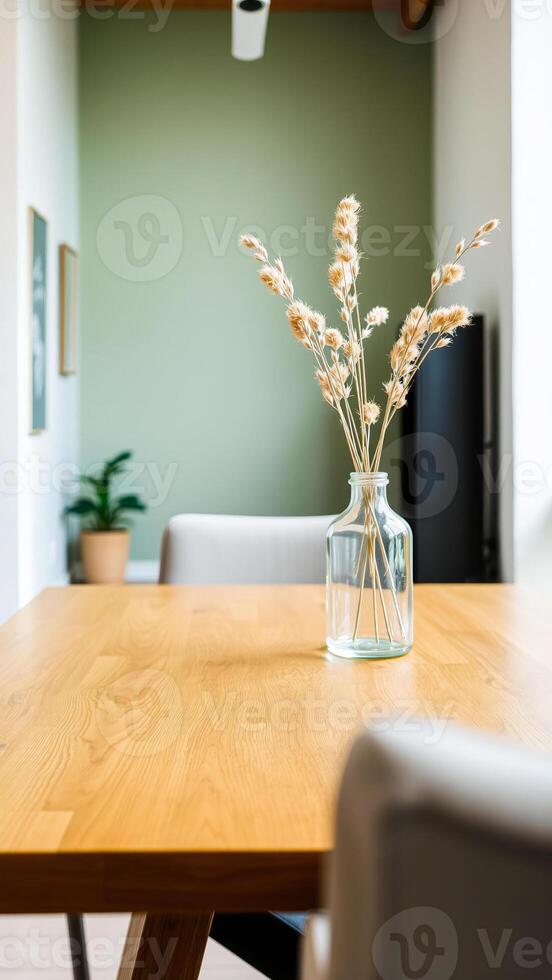 rustic wooden table with a vase dried wheat stalks photo