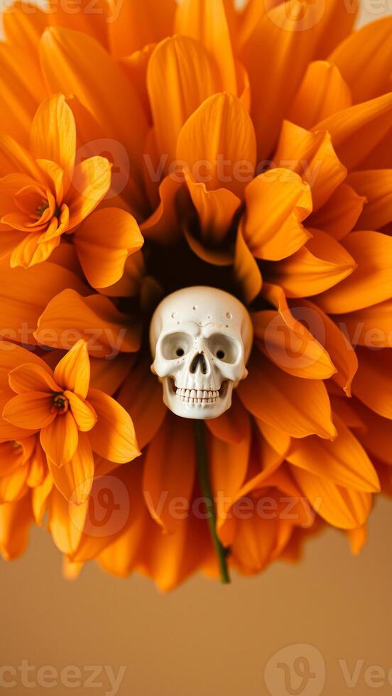 white skull nestled flower petals photo