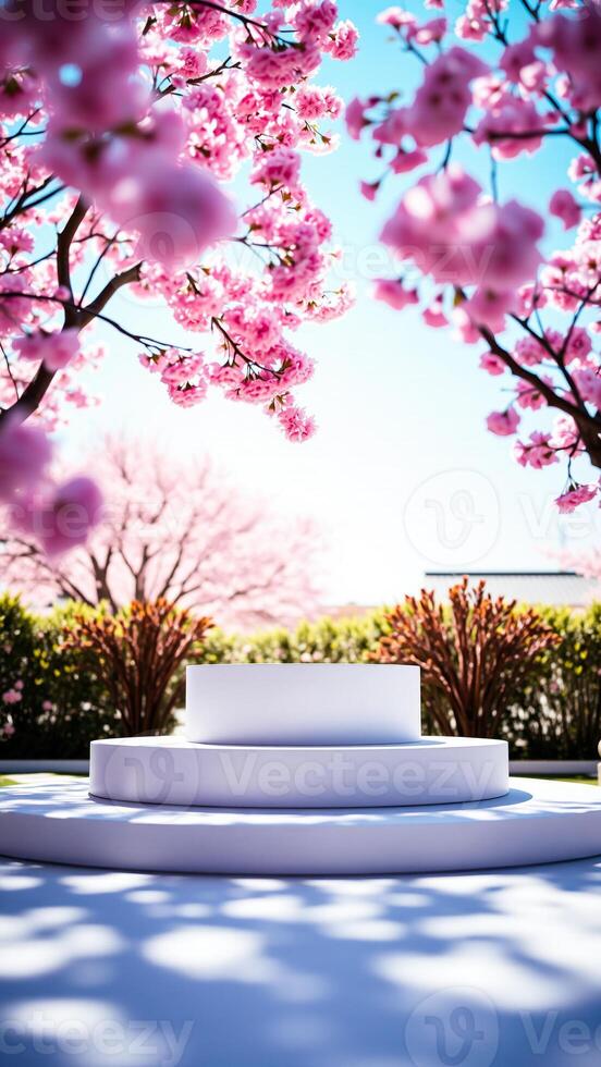 white platform set under a canopy pink blossoms photo