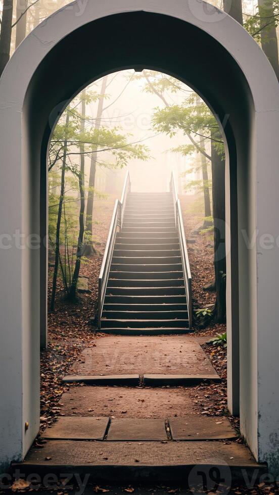 white archway frames steps leading a foggy path the woods photo