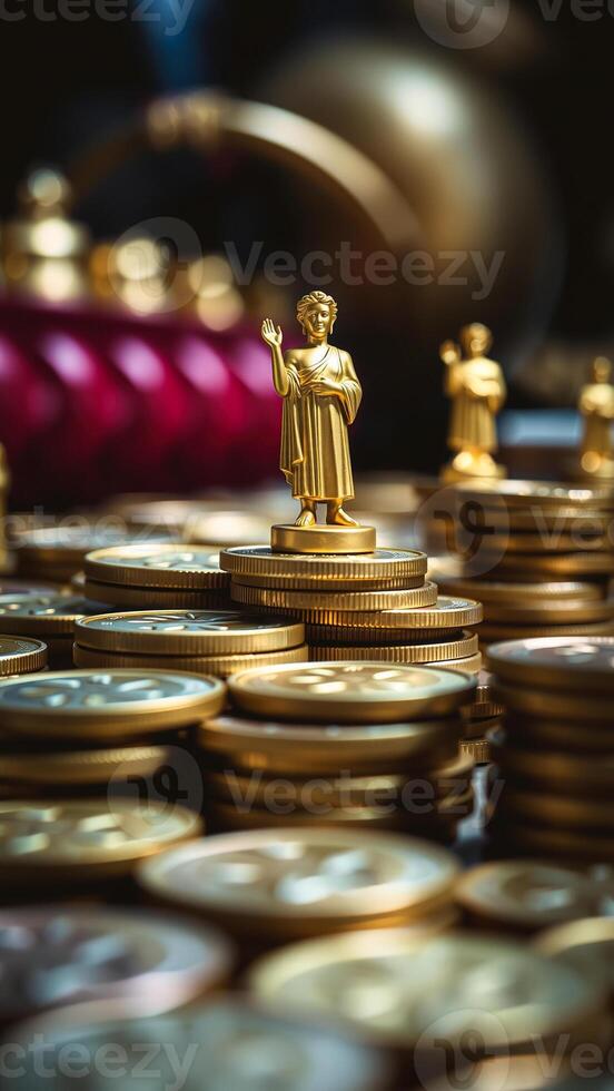 golden figurine standing on a stack gold coins photo