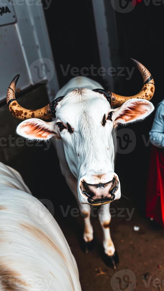 white cow with large patterned horns stares curiously at the camera photo
