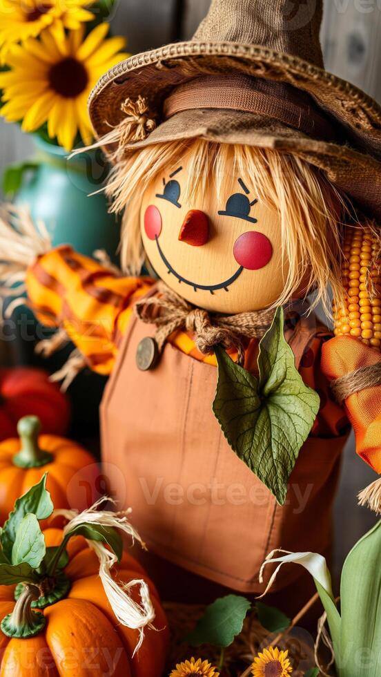 cheerful scarecrow amidst fall harvest photo