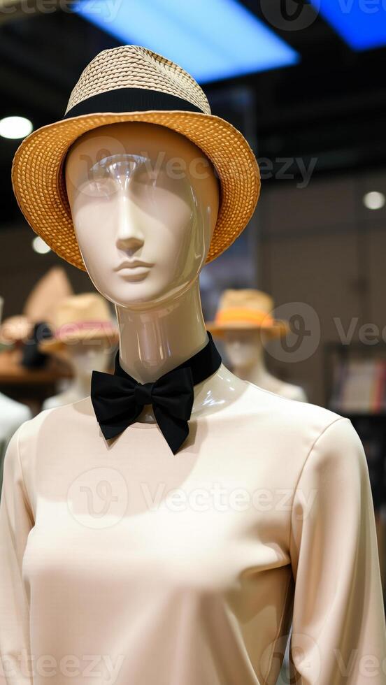 mannequin wearing a straw hat bowtie photo