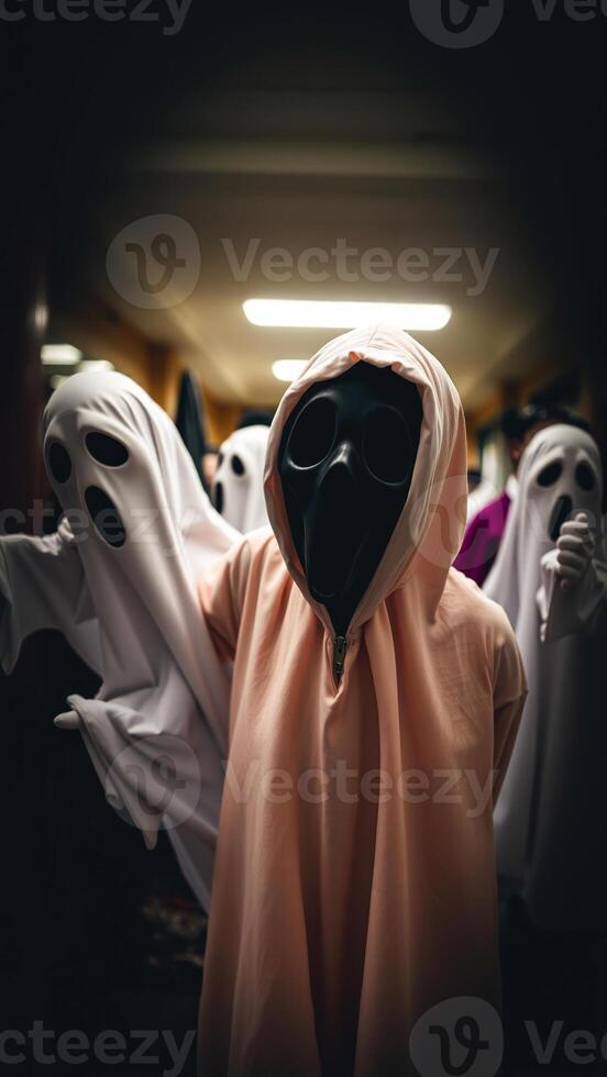 hooded figure with a skull mask stands amidst white-clad ghosts a dark hallway. photo