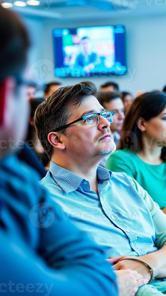 man with glasses listens intently during a presentation. photo
